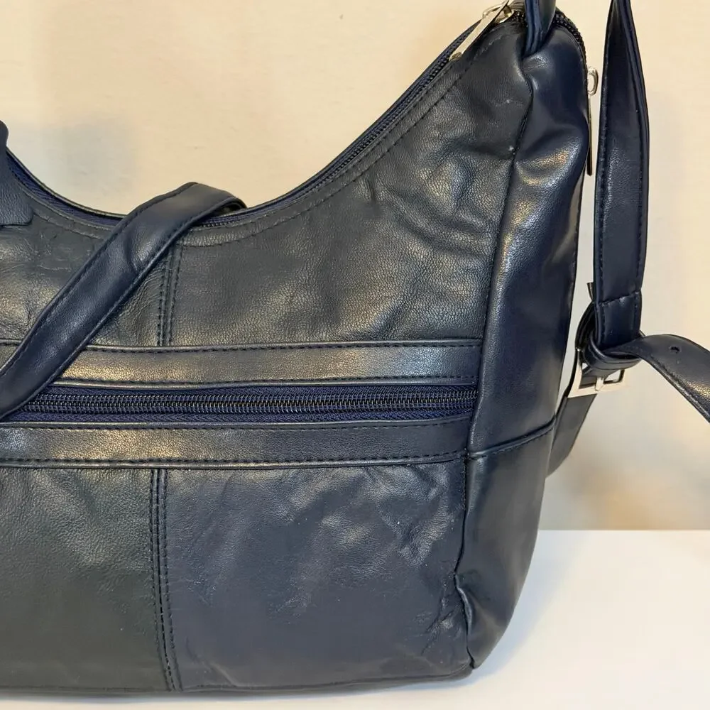 Vintage d'margeaux Genuine Leather Crossbody Hobo Bag Everyday Casual Navy Blue